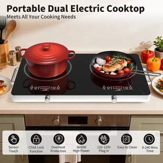 Portable Dual Electric Cooktop - 3600W Double Burner with Sensor Touch