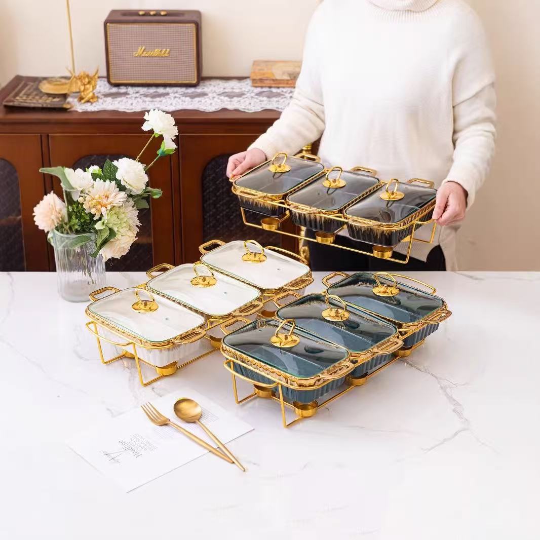 Gold Chafing Dish Buffet Set – 6-Pan Food Warmer with Glass Lids