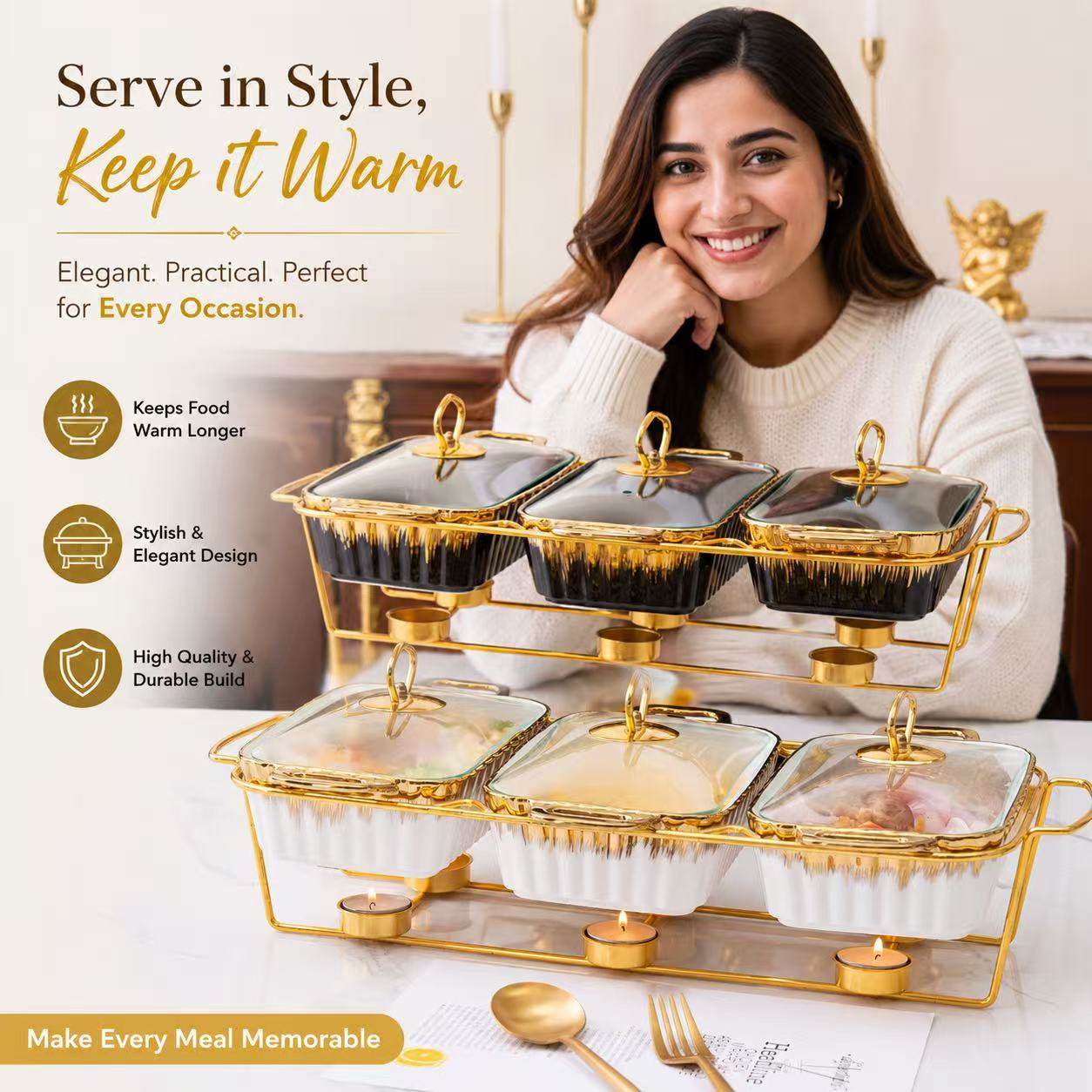 Gold Chafing Dish Buffet Set – 6-Pan Food Warmer with Glass Lids