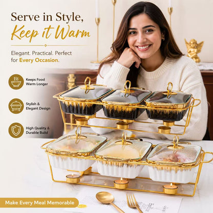 Gold Chafing Dish Buffet Set – 6-Pan Food Warmer with Glass Lids