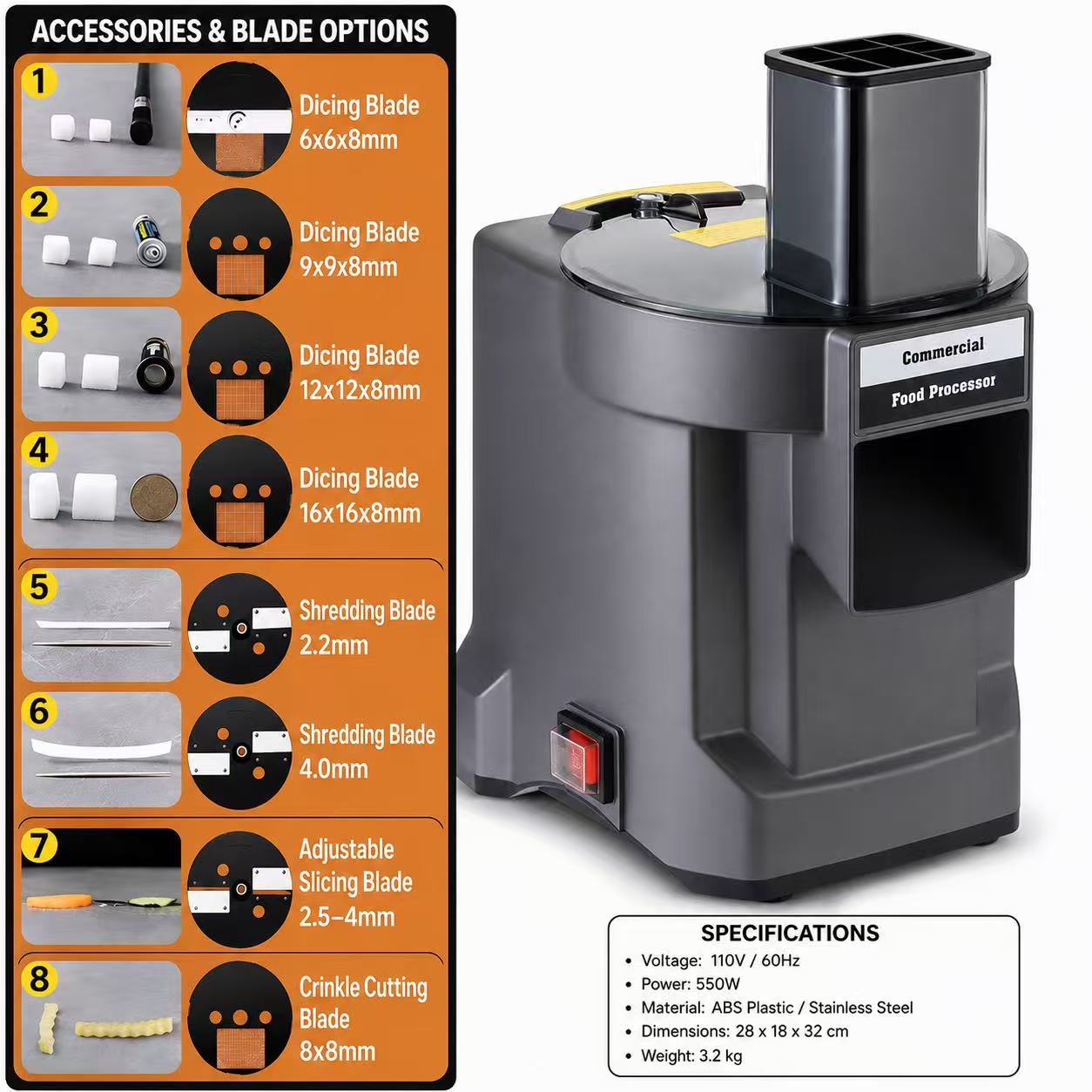 Commercial Food Processor – 550W Powerful Motor with 8 Blade Options