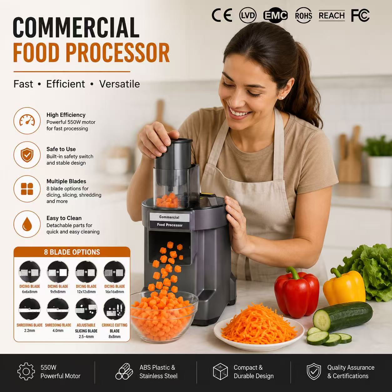 Commercial Food Processor – 550W Powerful Motor with 8 Blade Options
