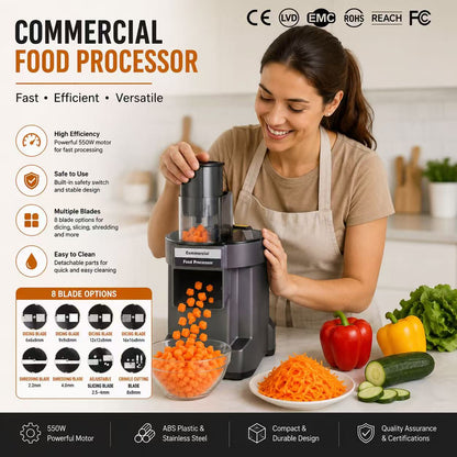 Commercial Food Processor – 550W Powerful Motor with 8 Blade Options
