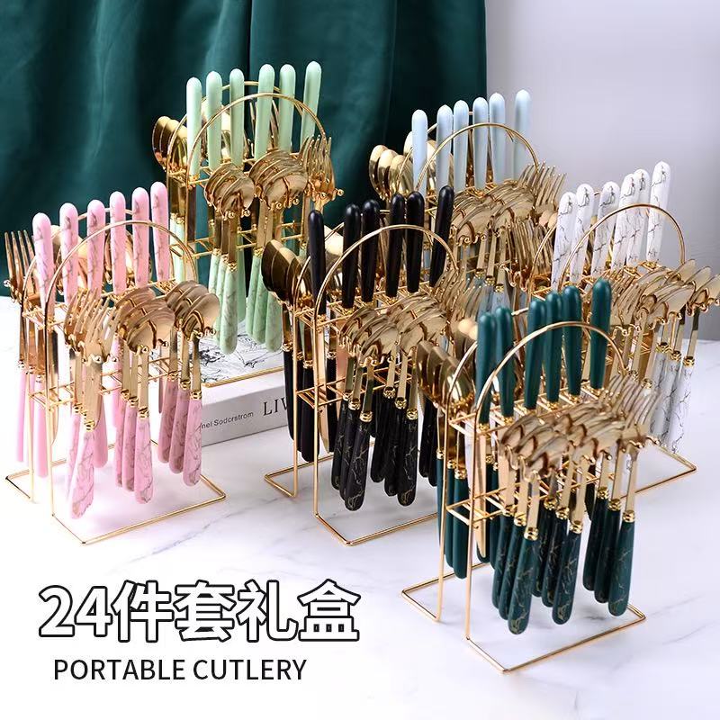 24-Piece Portable Cutlery Gift Set — Stainless Steel with Marble Handle