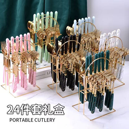 24-Piece Portable Cutlery Gift Set — Stainless Steel with Marble Handle