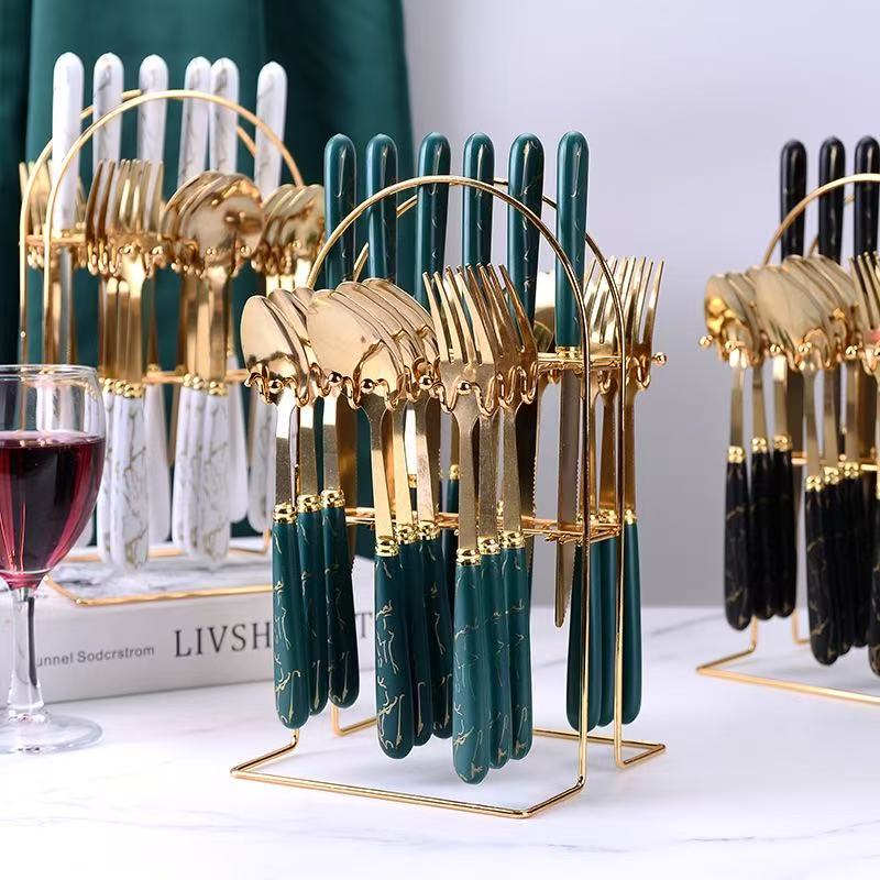 24-Piece Portable Cutlery Gift Set — Stainless Steel with Marble Handle