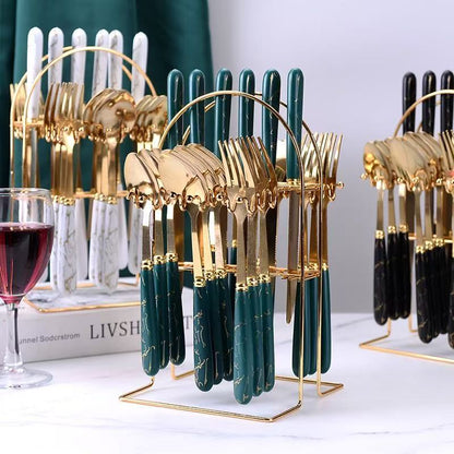24-Piece Portable Cutlery Gift Set — Stainless Steel with Marble Handle