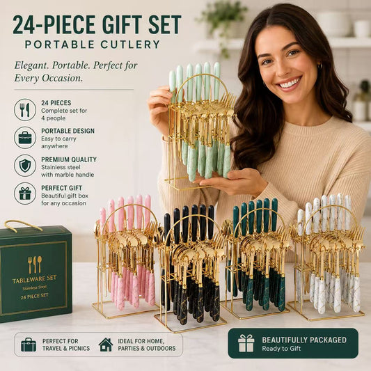 24-Piece Portable Cutlery Gift Set — Stainless Steel with Marble Handle